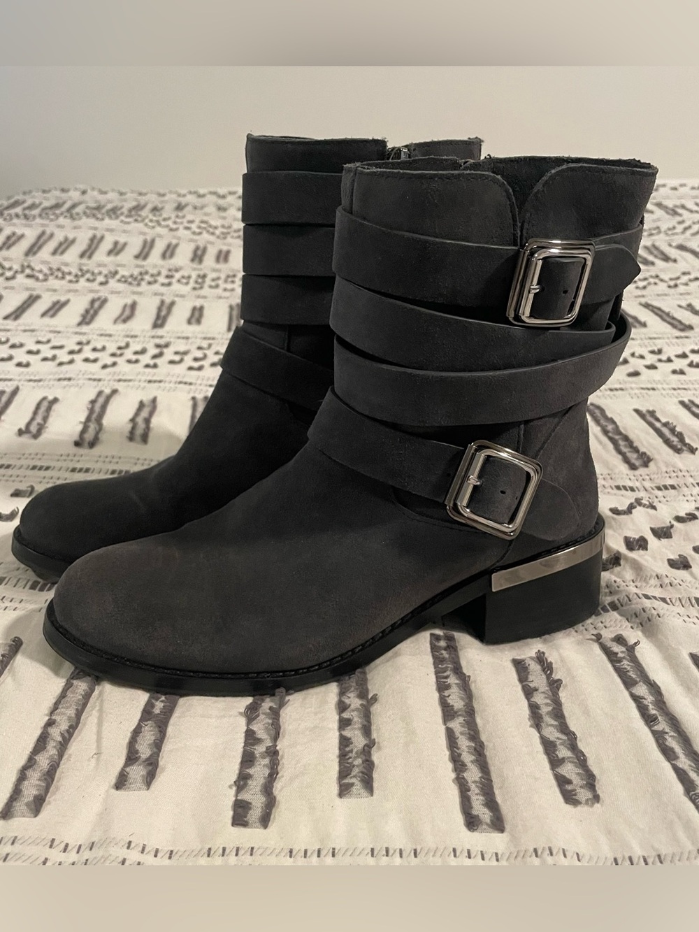 Vince Camuto Webey Gray Suede Wraparound Buckle Moto Boots
